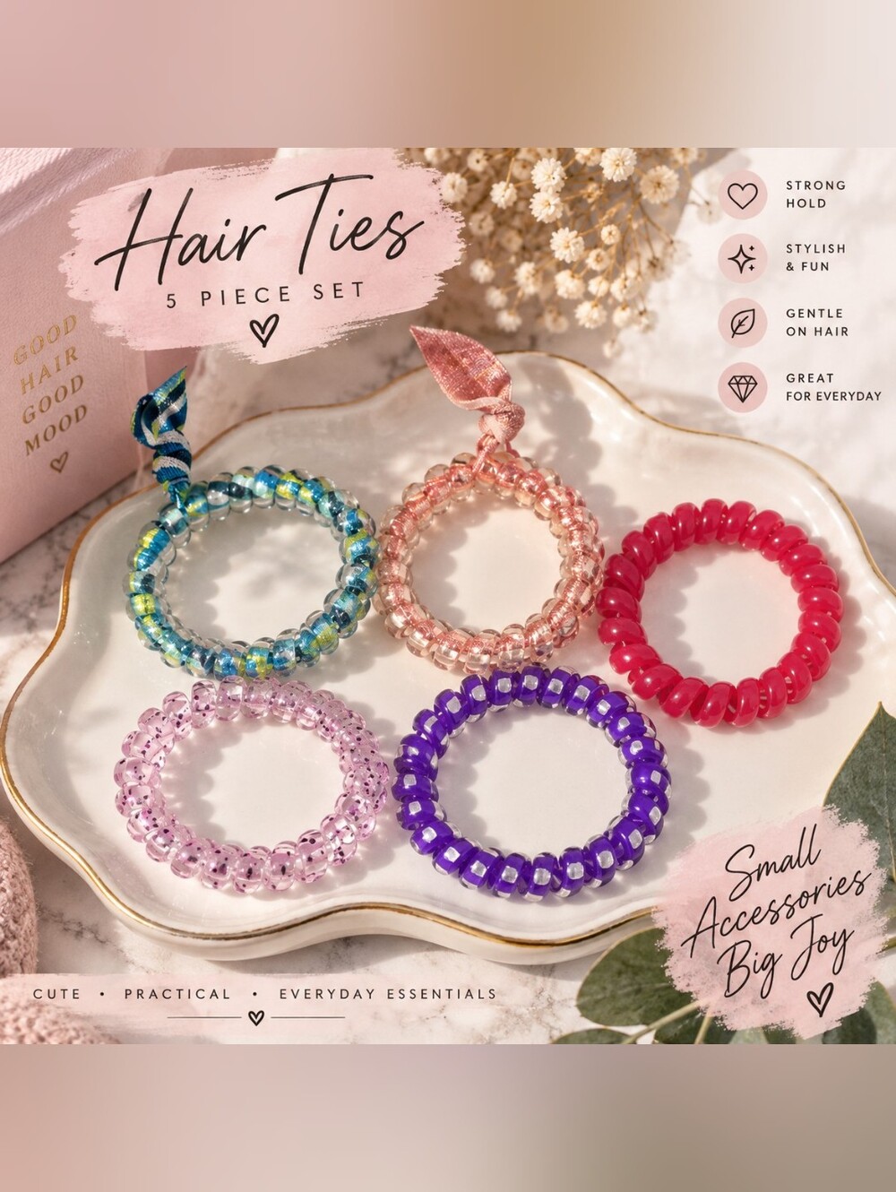 5-Piece Colorful Spiral Hair Tie Set New